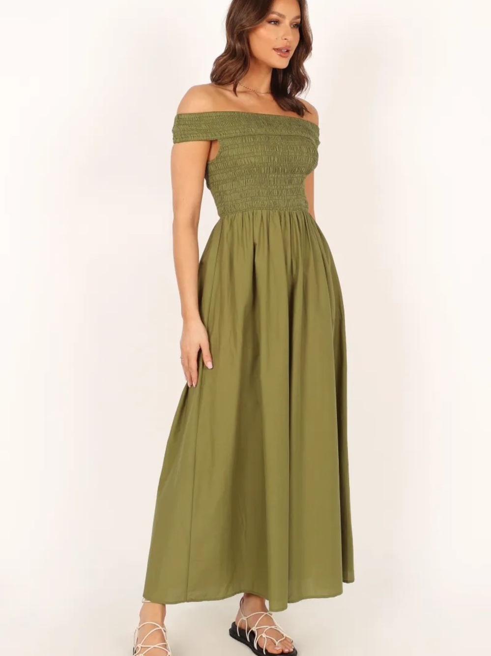 Tessa Off Shoulder Midi Dress - Olive